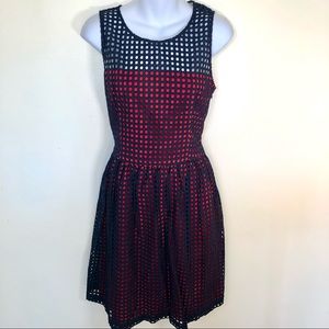 Banana Republic Navy & Red Fit & Flare A-Line Net Overlay Dress